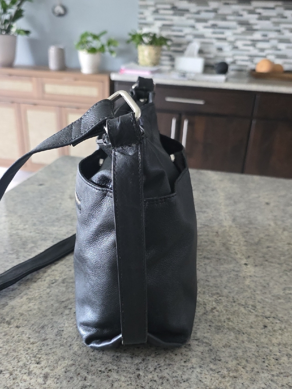 Black Leather Crossbody Bag with Front Zippers - Picture 2 of 12